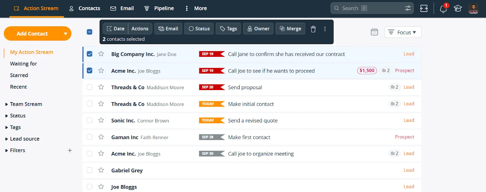 Two contacts ticked in the Action Stream, with a toolbar above the list offering Date, Actions, Email, Status, Tags, Owner, Merge, and delete for the selection