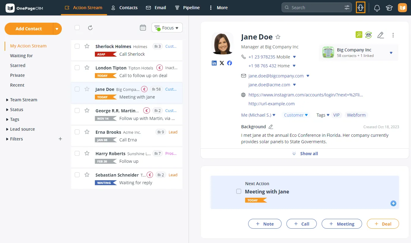 The OnePageCRM Action Stream beside an open contact, showing that contact's phone numbers, emails, background note, and Next Action on one page