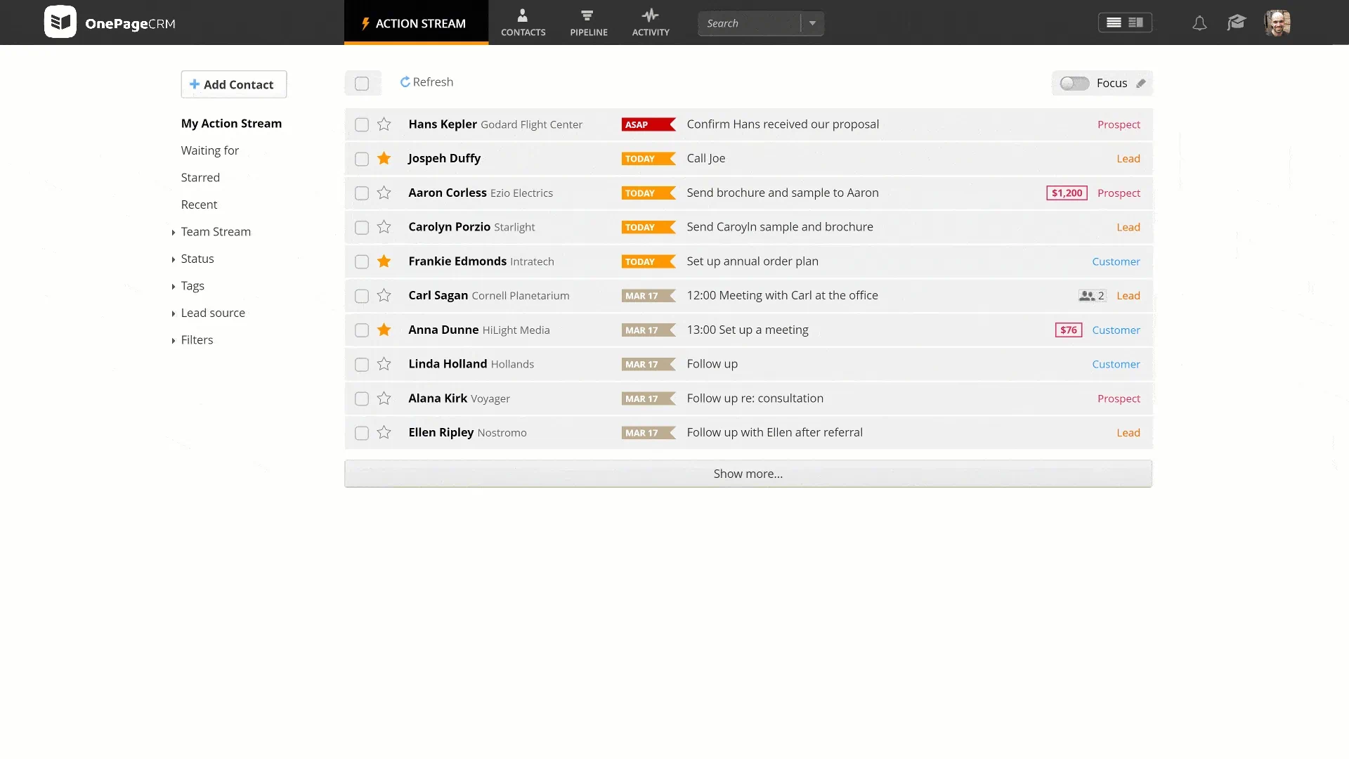 The Split Pane view: a contact list on the left while the selected contact's details update on the right