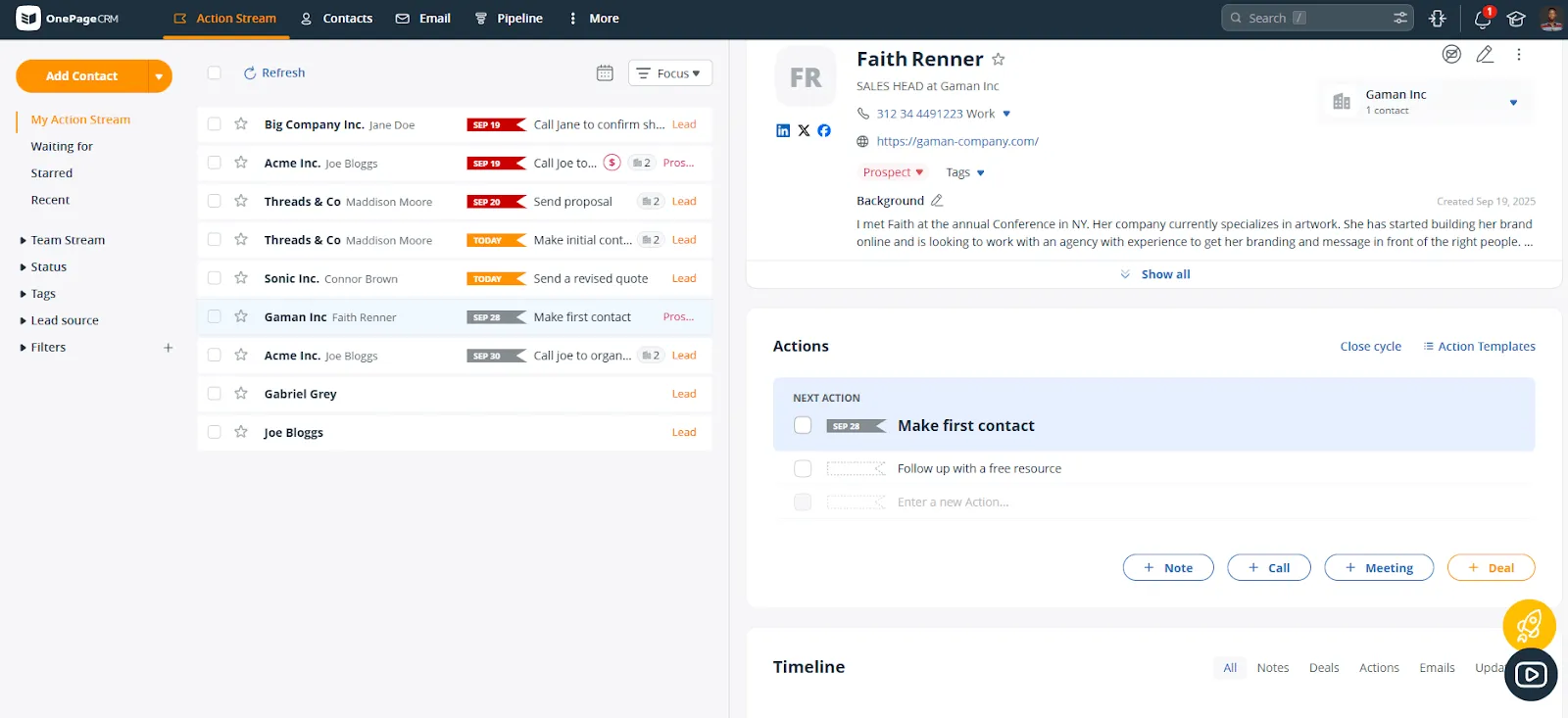 The whole OnePageCRM window: filters down the left, the prioritized contact list in the middle with a dated flag on every row, and the selected contact's profile on the right carrying their details, their Actions panel, and the start of their timeline
