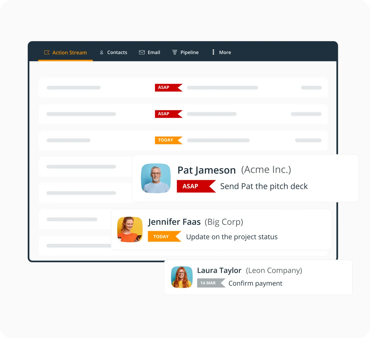 The Action Stream in OnePageCRM — a to-do list of contacts, each with its next action flagged by urgency