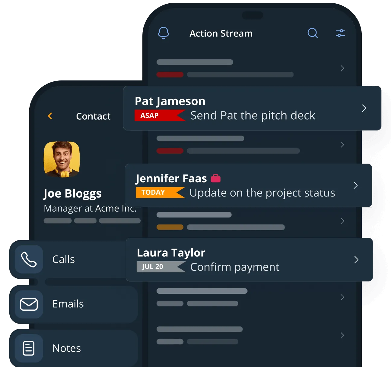 The Action Stream and a contact on a phone, with three follow-ups and when each is due