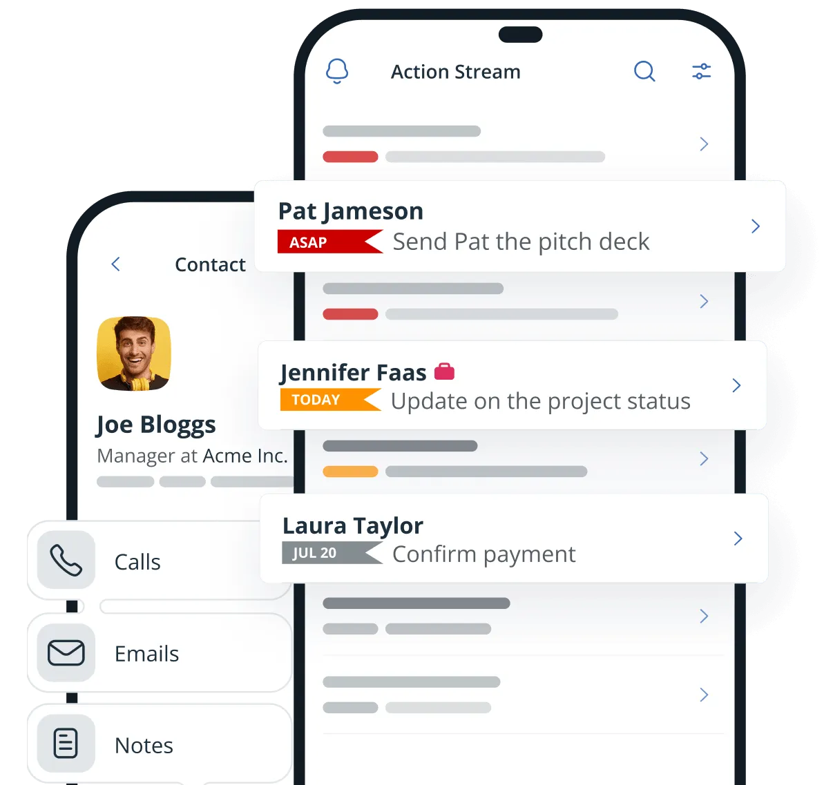 The Action Stream and a contact on a phone, with three follow-ups and when each is due
