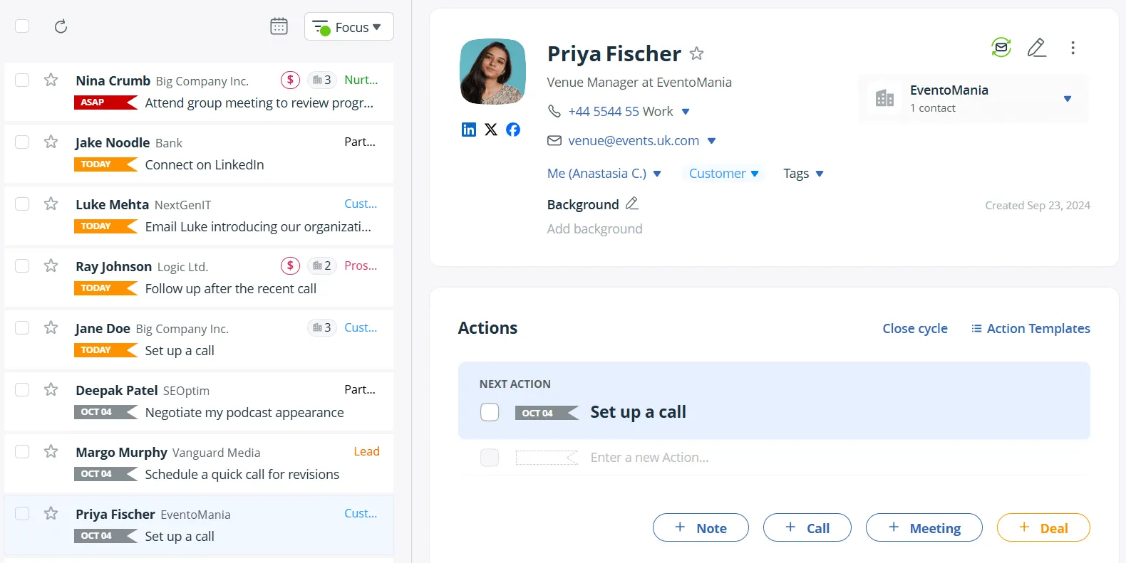 The Action Stream list and an open contact side by side on one page, the selected row at the bottom of the list matching the profile showing on the right, with that contact's Next Action and the buttons to add a note, call, meeting, or deal