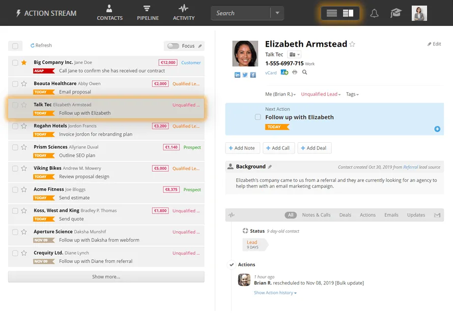 split-pane view with a contact open, old ui