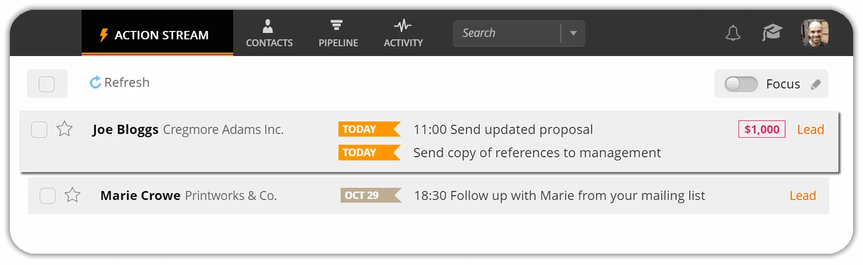 crm tasks prioritized in the action stream