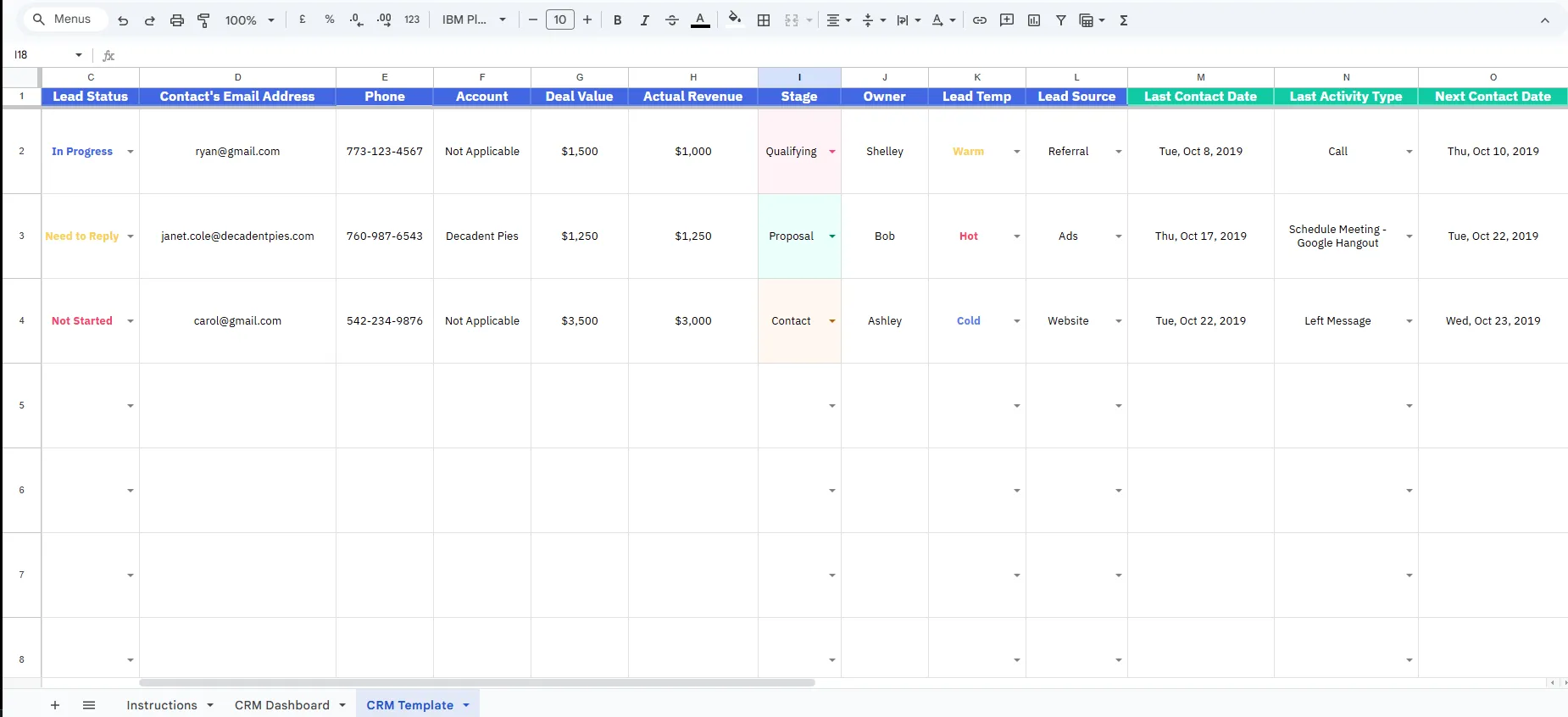 free crm spreadsheet template by ActiveCampaign
