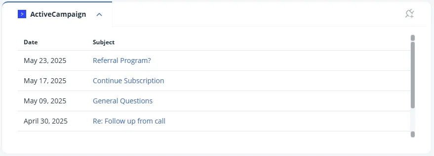 The ActiveCampaign widget on a OnePageCRM Contact Page, listing four campaigns the contact received.