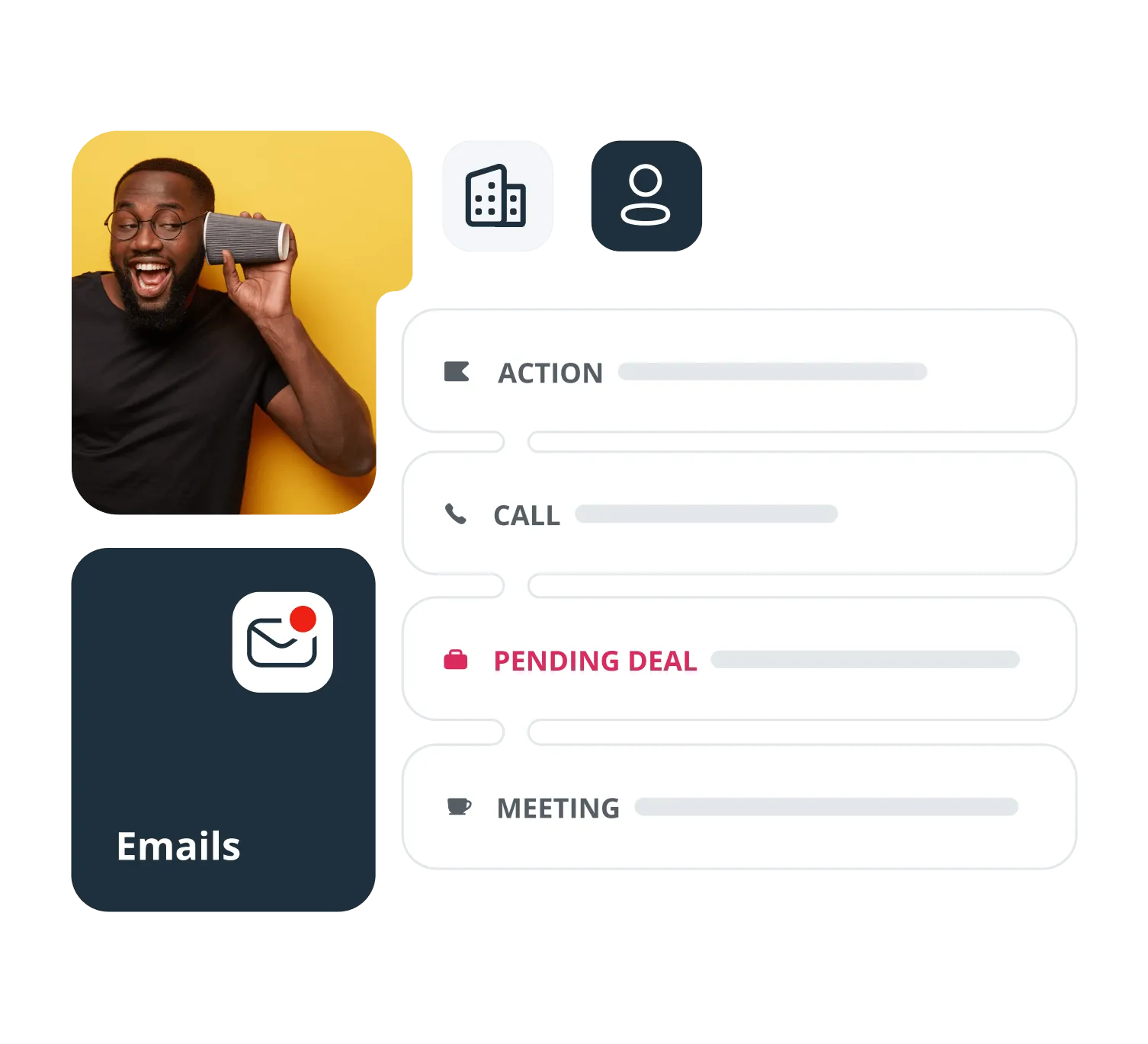 A contact timeline with rows for an action, a call, a pending deal, and a meeting, beside a card of unread emails