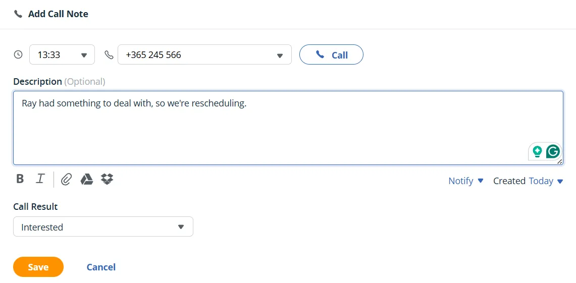 note after call in onepagecrm
