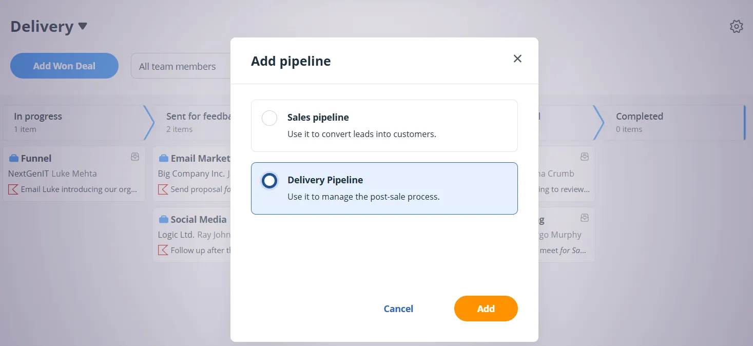 The Add pipeline dialog in OnePageCRM, offering a Sales pipeline for converting leads and a Delivery Pipeline for managing the post-sale process
