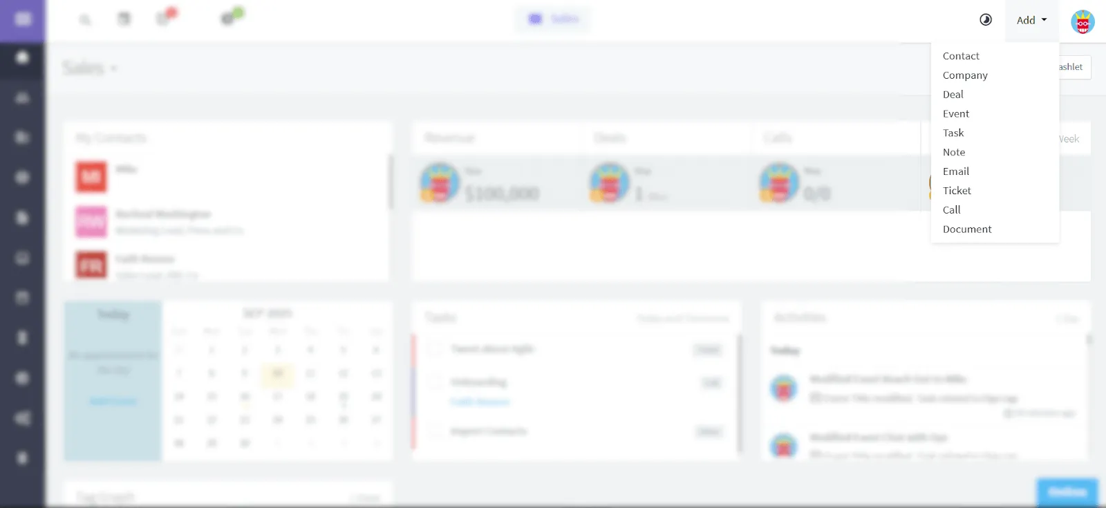 add from any screen in agile crm