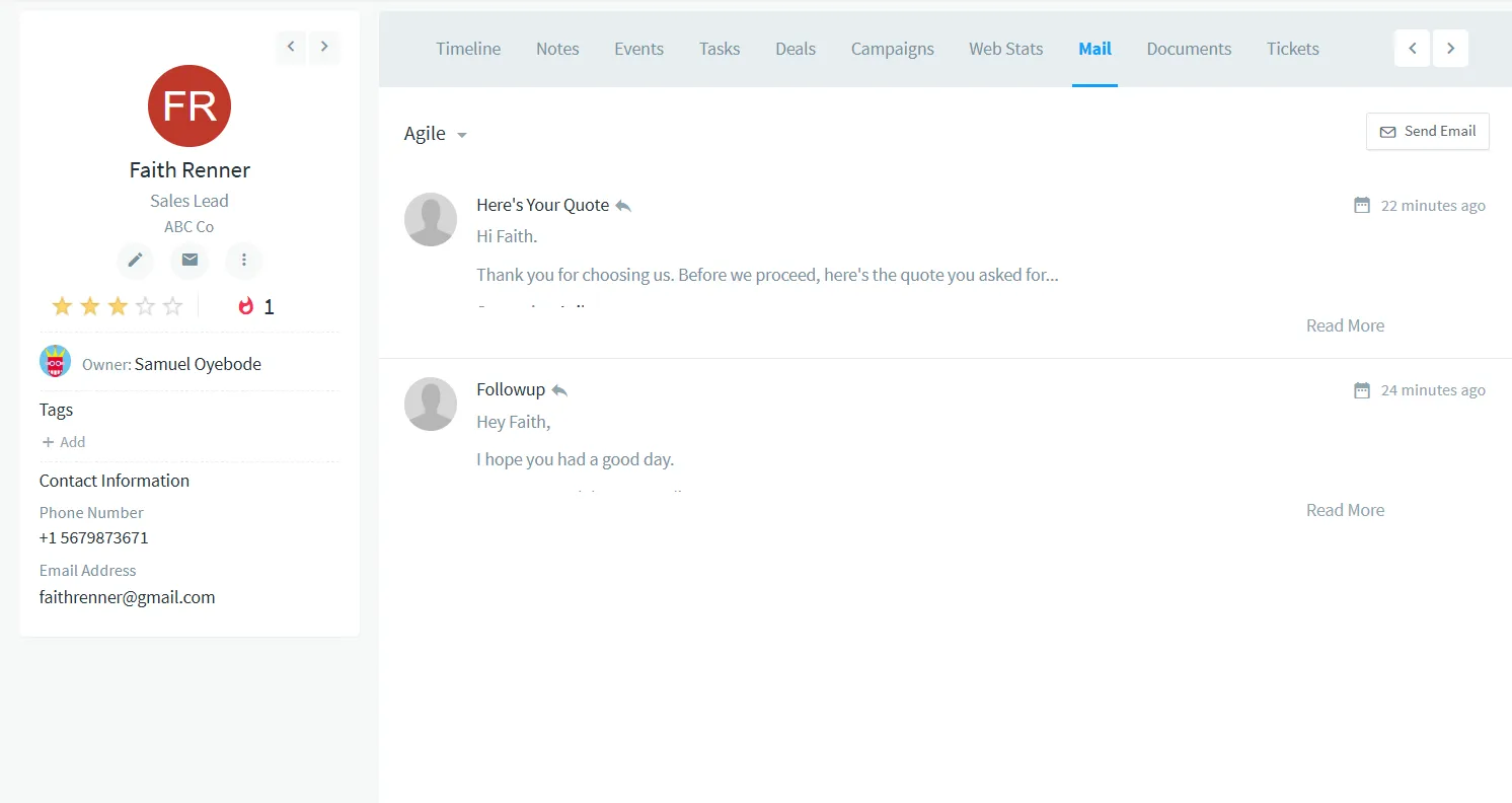 agile crm email records