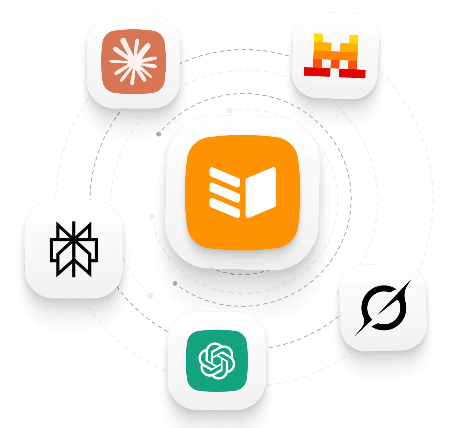 The OnePageCRM logo connected to the logos of five AI tools