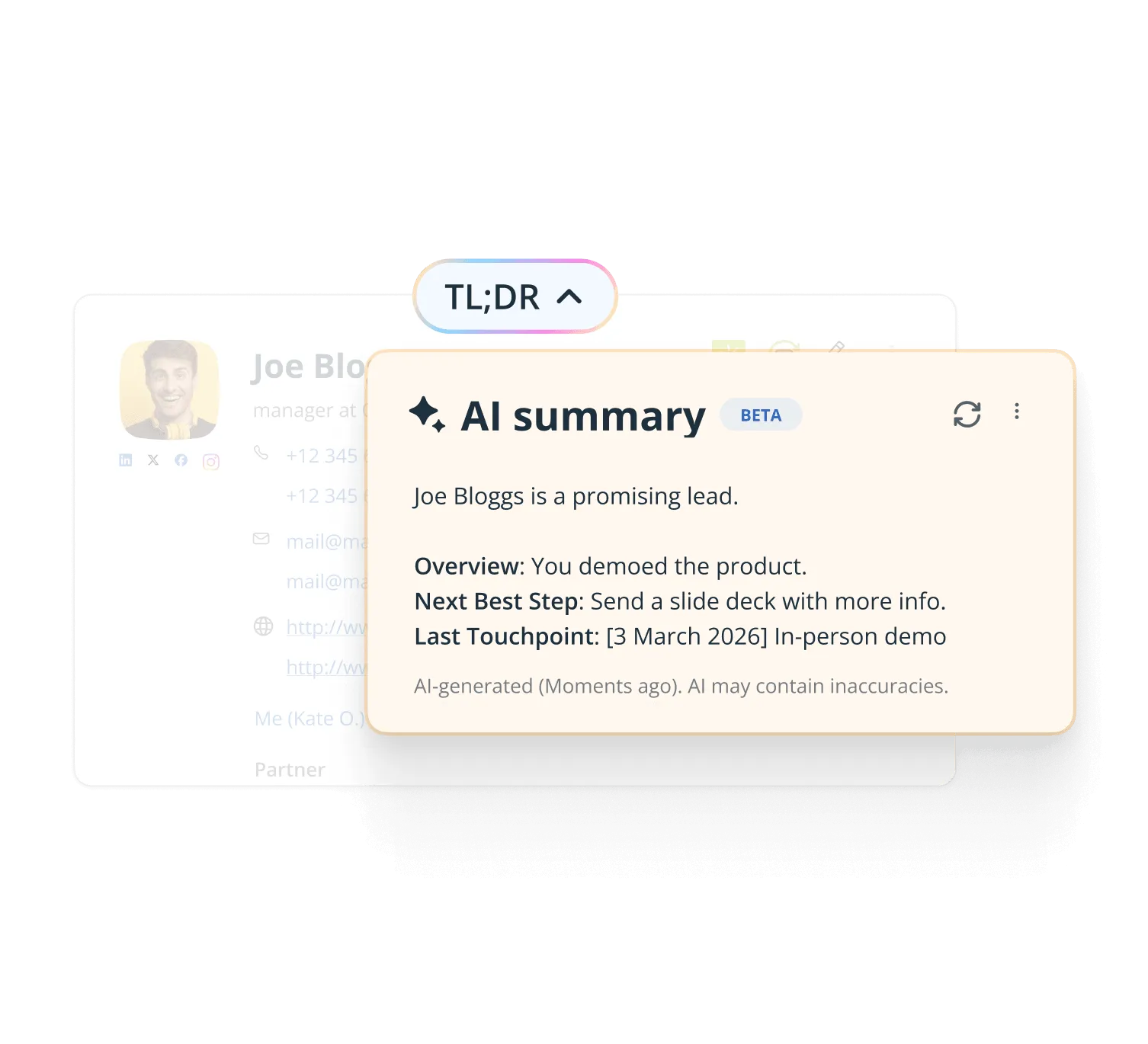 The TL;DR button on a contact, opened to show an AI summary with an overview, next best step, and last touchpoint