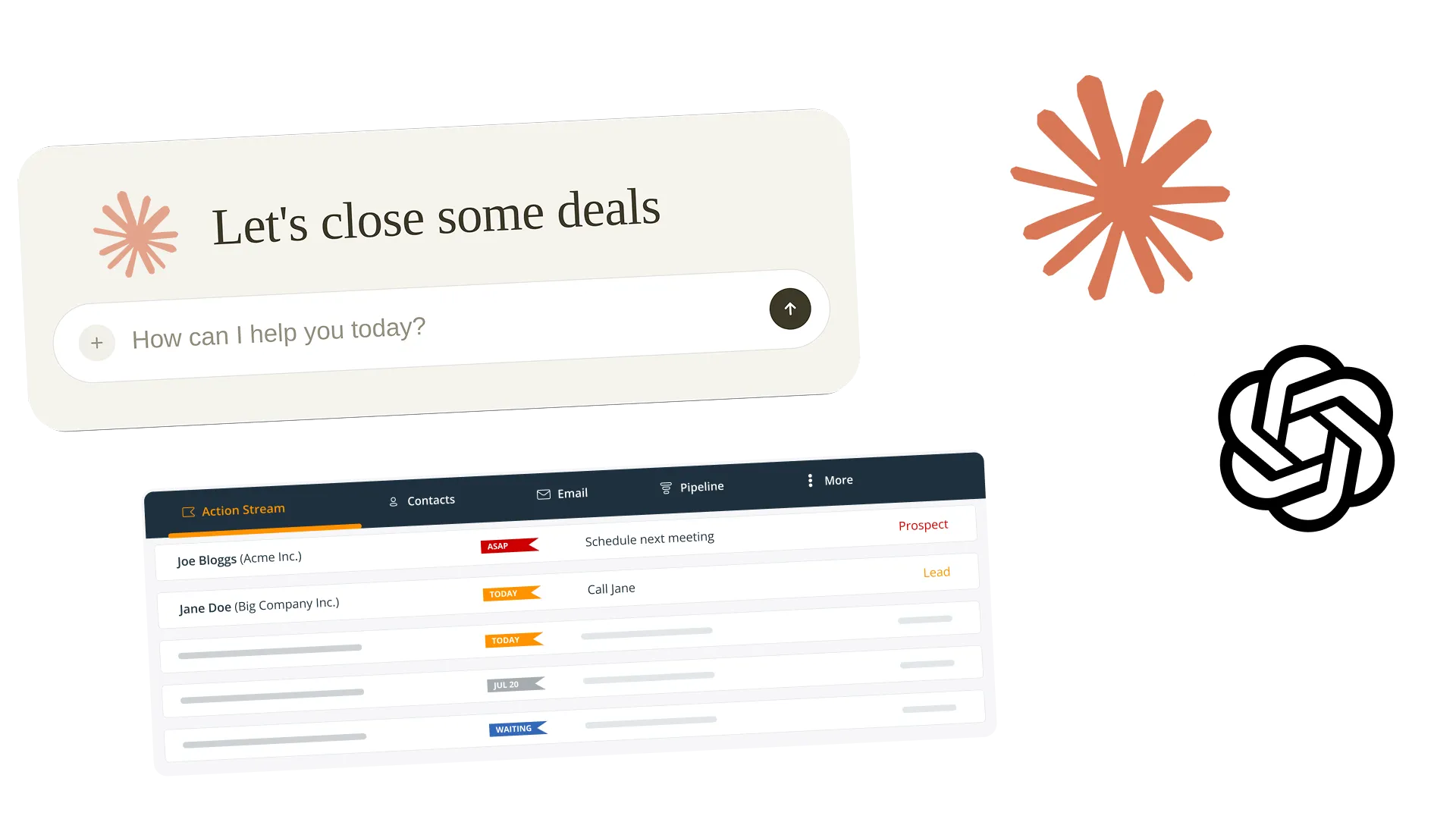 A chat box reading "Let’s close some deals" above the OnePageCRM Action Stream, with the ChatGPT logo beside them