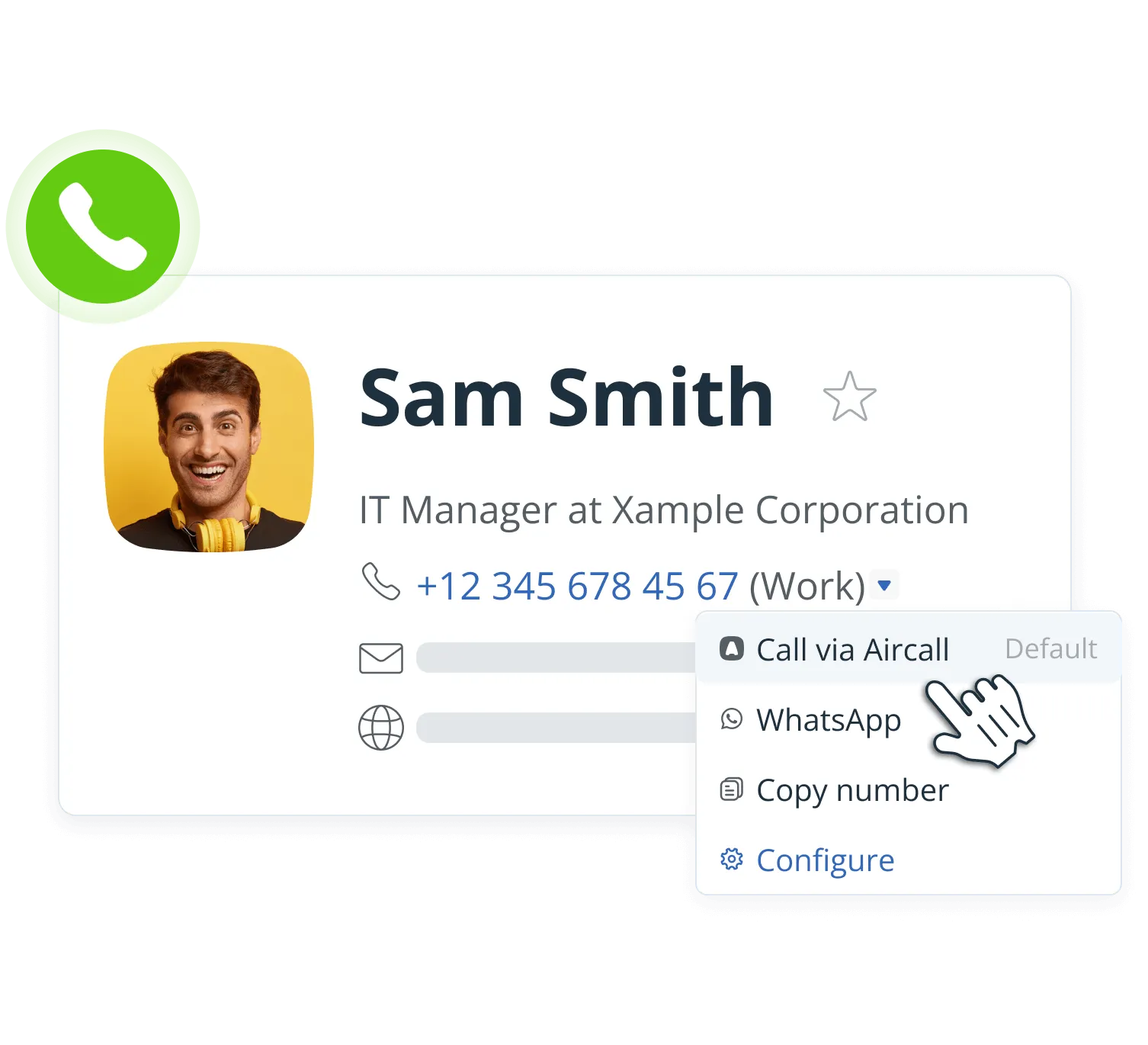 A contact’s phone number in OnePageCRM with Call via Aircall selected as the default calling option.