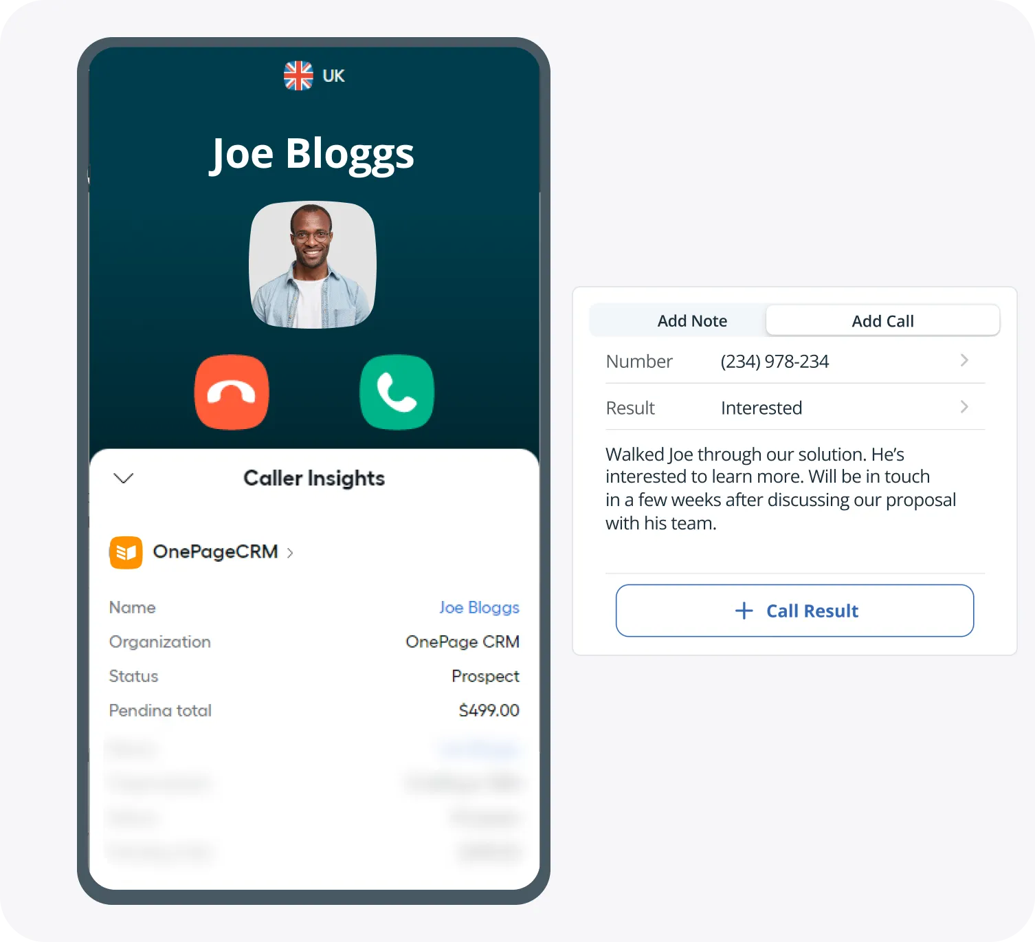 An incoming Aircall call on mobile with Caller Insights showing the contact’s OnePageCRM details.
