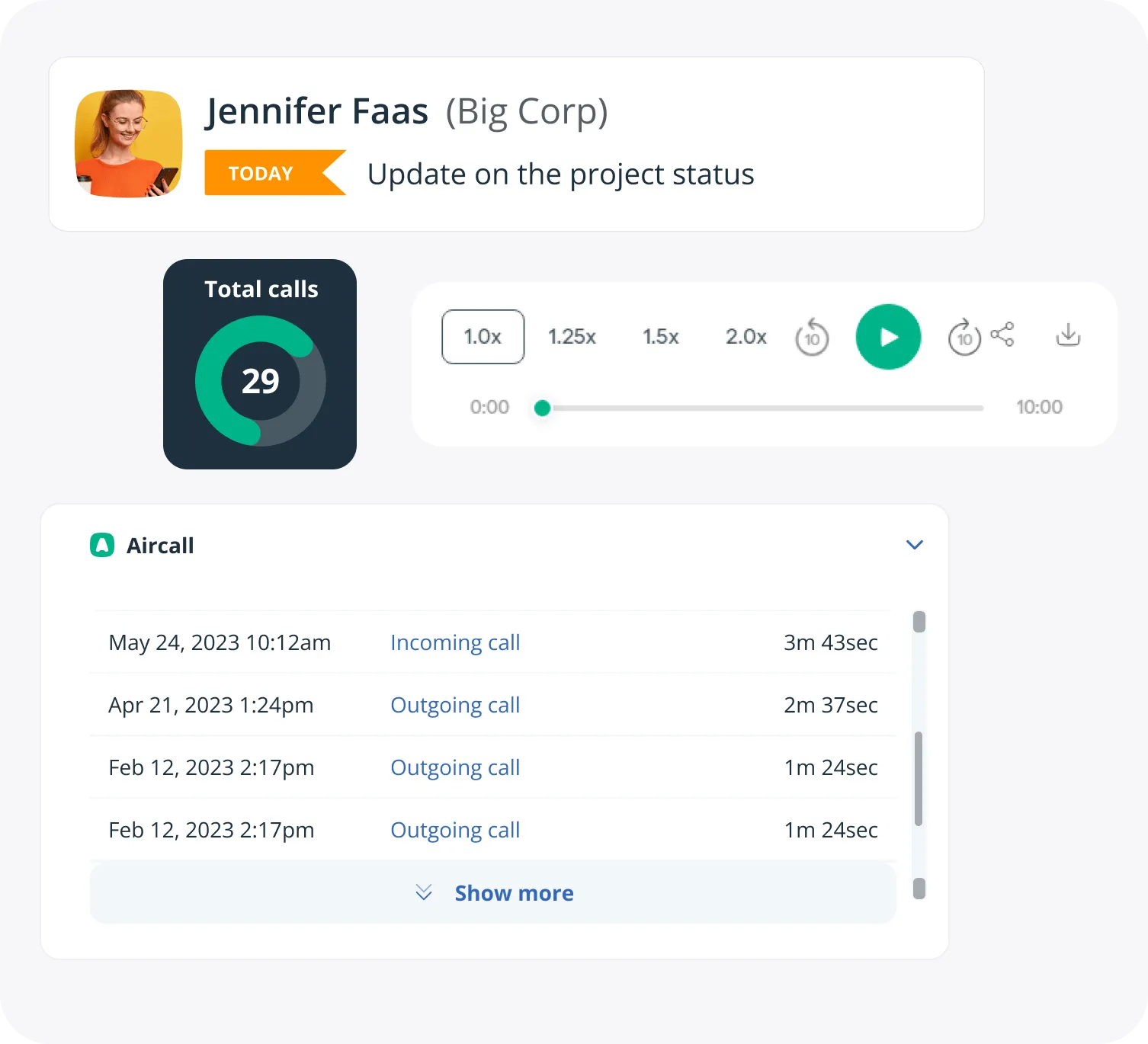 The Aircall widget on a OnePageCRM Contact Page, listing calls with their dates, types, and durations.