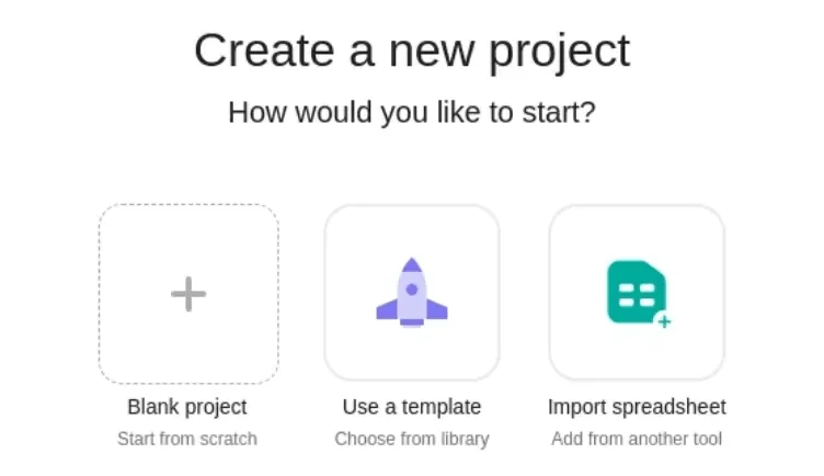 Asana's Create a new project screen, offering a blank project, a template, or an imported spreadsheet