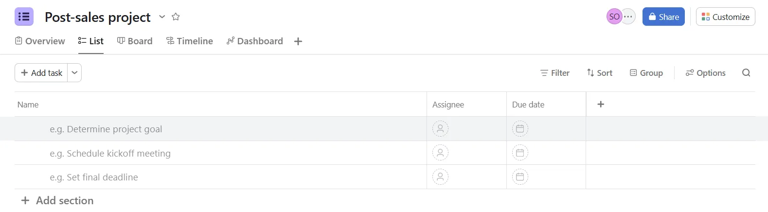 An empty Asana project called Post-sales project, with three placeholder tasks and unfilled Assignee and Due date columns
