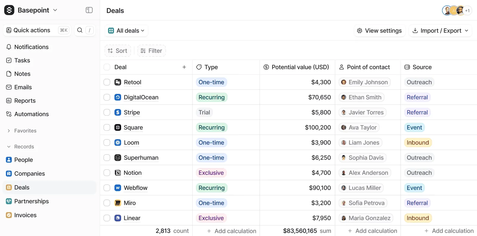 Attio’s deals list, with a total value across the rows