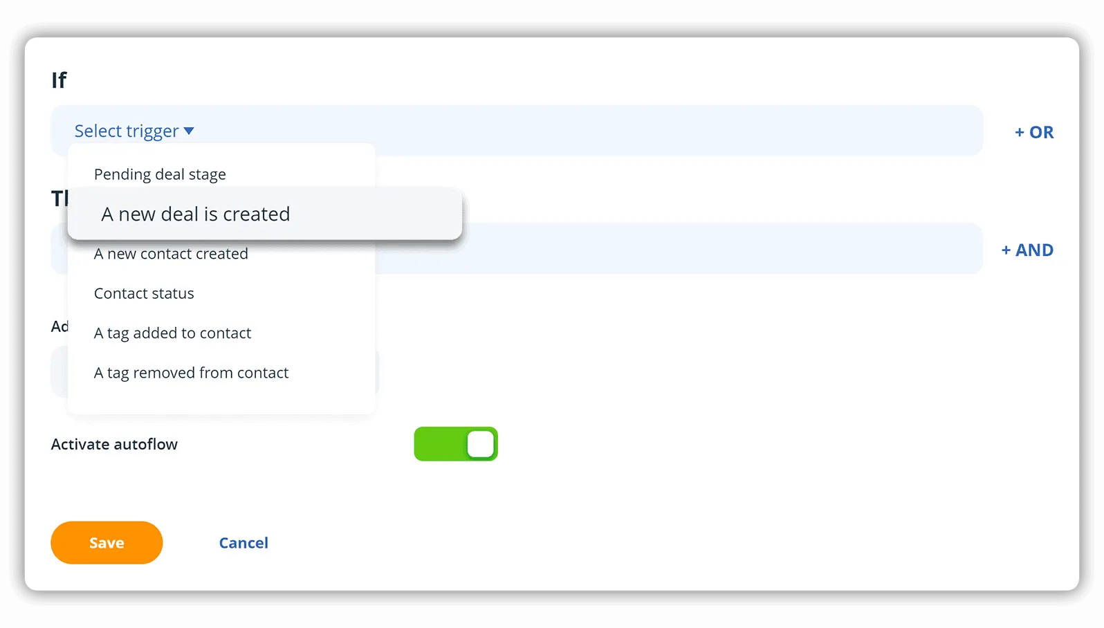 In OnePageCRM, users can choose a trigger to set up their sales automation process