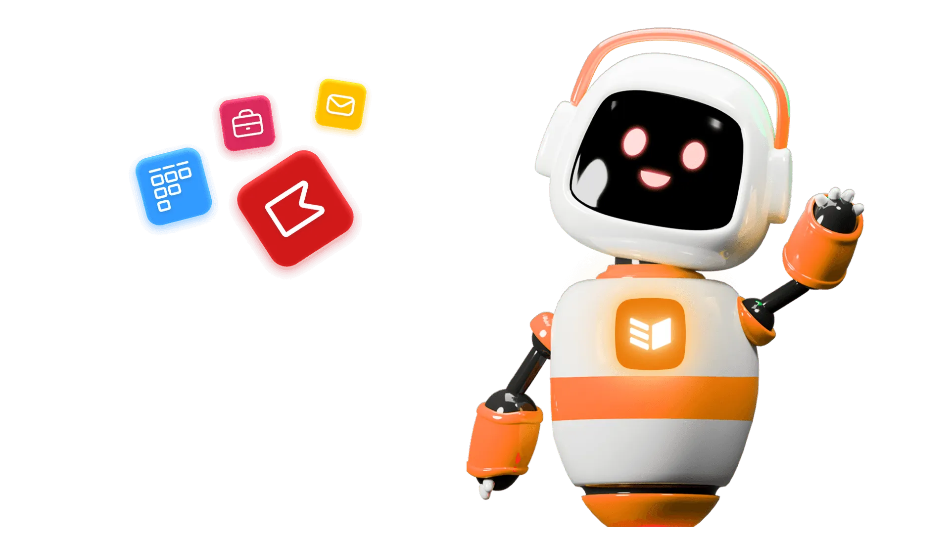 A friendly robot waving, with app icons for tasks, deals, email, and lead capture floating beside it