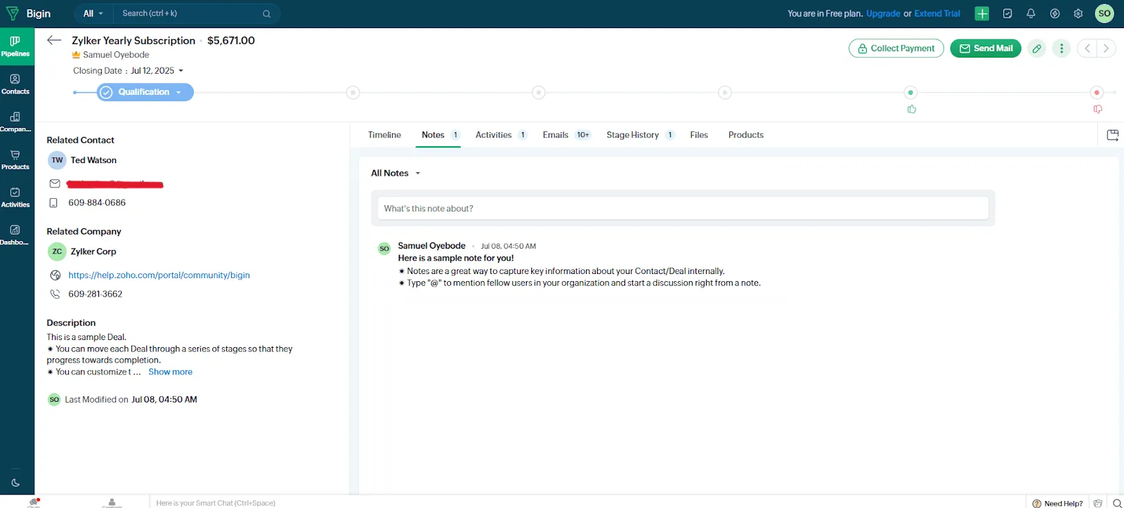bigin crm deal page