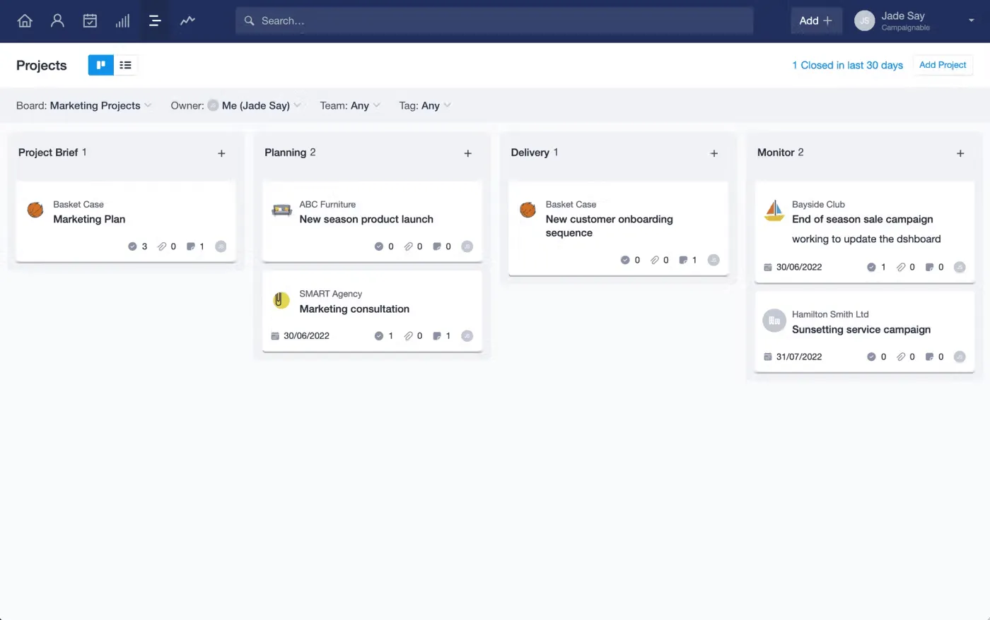 A Capsule CRM project board with four columns — Project Brief, Planning, Delivery, and Monitor — holding cards that are records in their own right rather than won deals