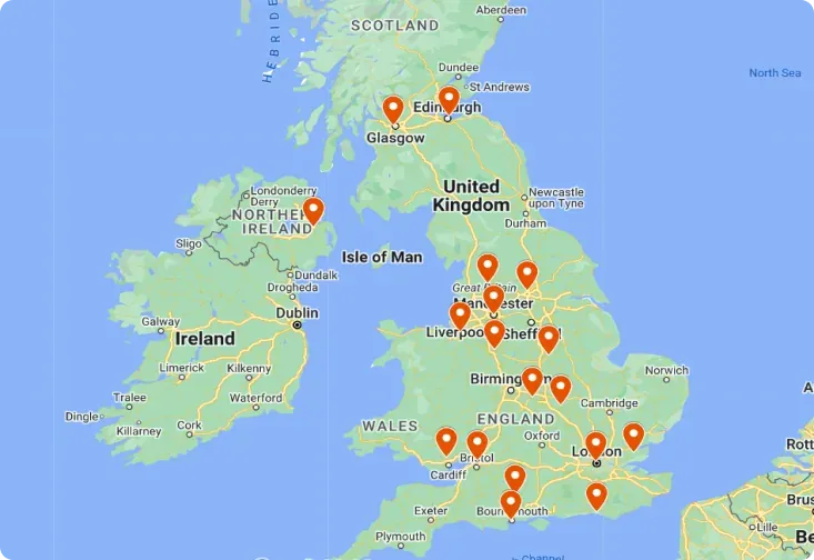 A map of the UK and Ireland with orange pins marking tour stops, from Glasgow and Edinburgh down through Manchester, Liverpool, Birmingham, and Bristol to London and the south coast