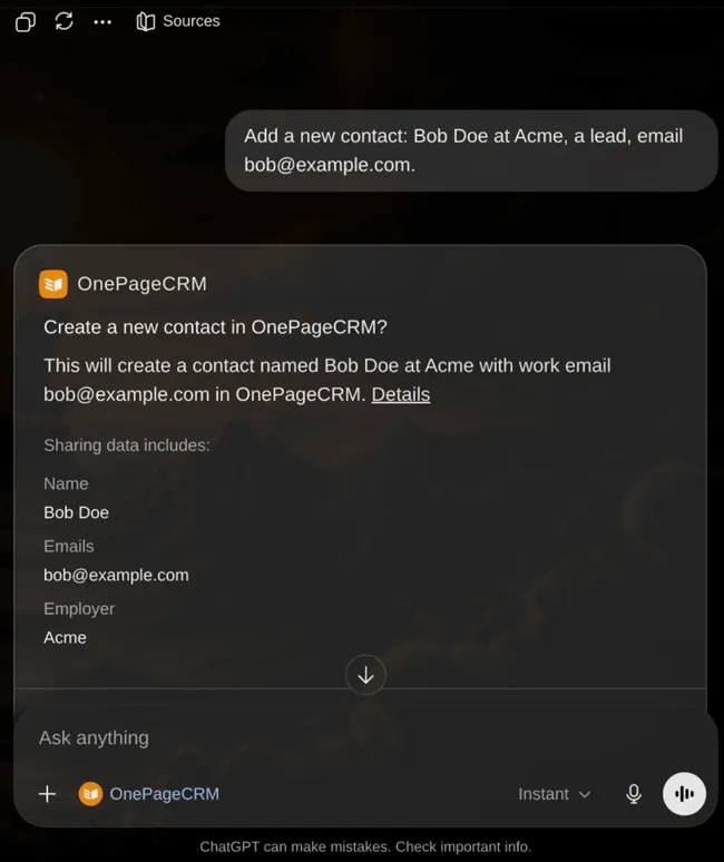 ChatGPT adding a contact to OnePageCRM after being asked in plain language