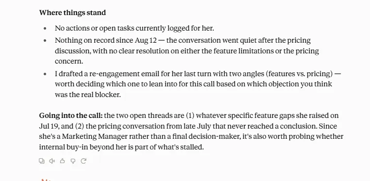 Claude summarizing every past note and interaction with one contact, ready for a call.
