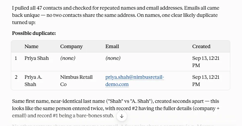 Claude checking 47 contacts for repeated names and emails, and showing the one likely duplicate pair side by side.