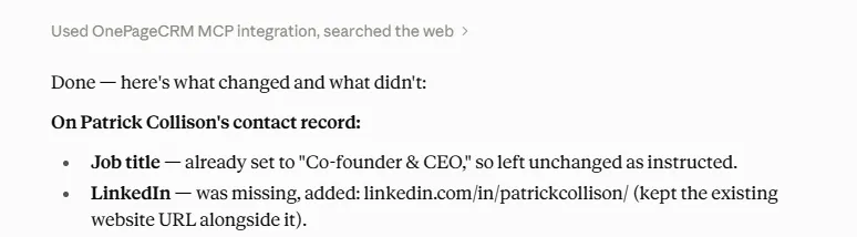 Claude reporting what it changed on a contact record and what it left alone, field by field.