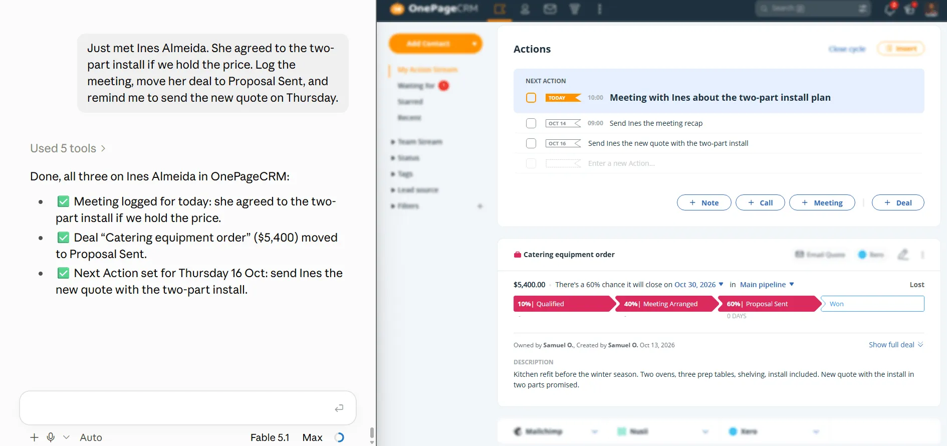 meeting logged in onepagecrm with claude