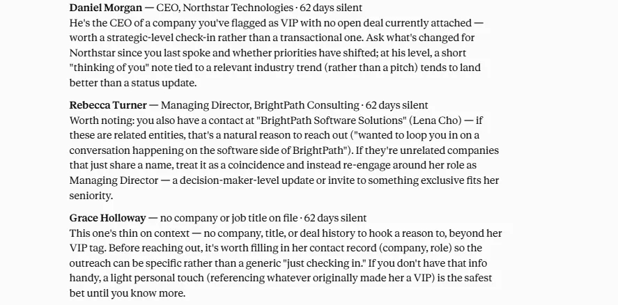 Claude listing VIP contacts nobody has spoken to in two months, with a reason to get back in touch with each.