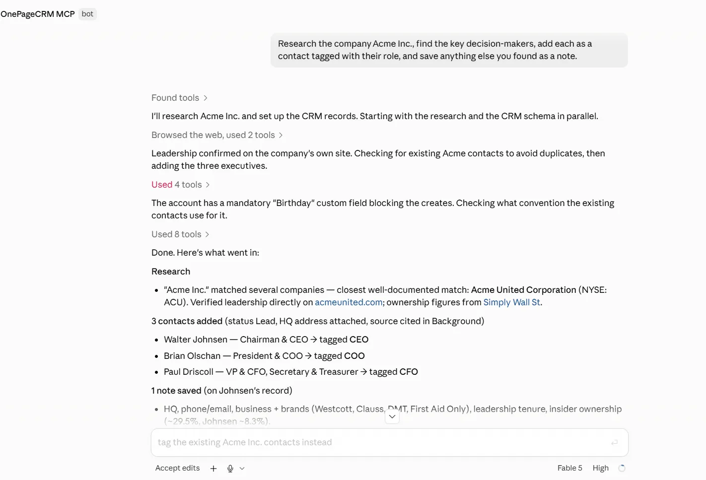 Claude researching Acme Inc., then reporting three contacts added with their roles as tags and one background note saved.