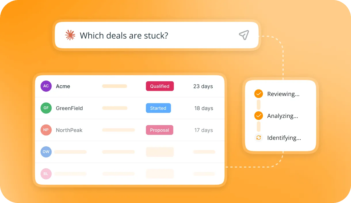 Claude asked which deals are stuck, answering with a list of deals and how many days each has waited.