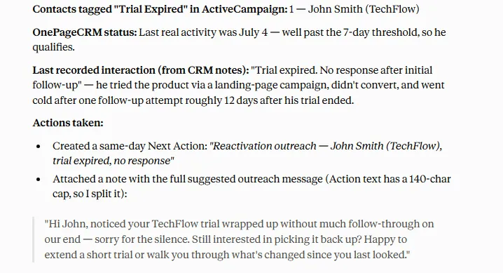 Claude setting a reactivation Next Action on a contact whose trial expired, with a suggested outreach message attached as a note.