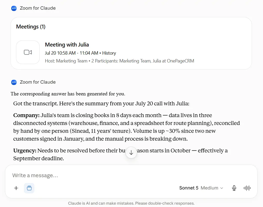 Claude fetching a Zoom transcript and summarizing the call, including what the company needs and by when.
