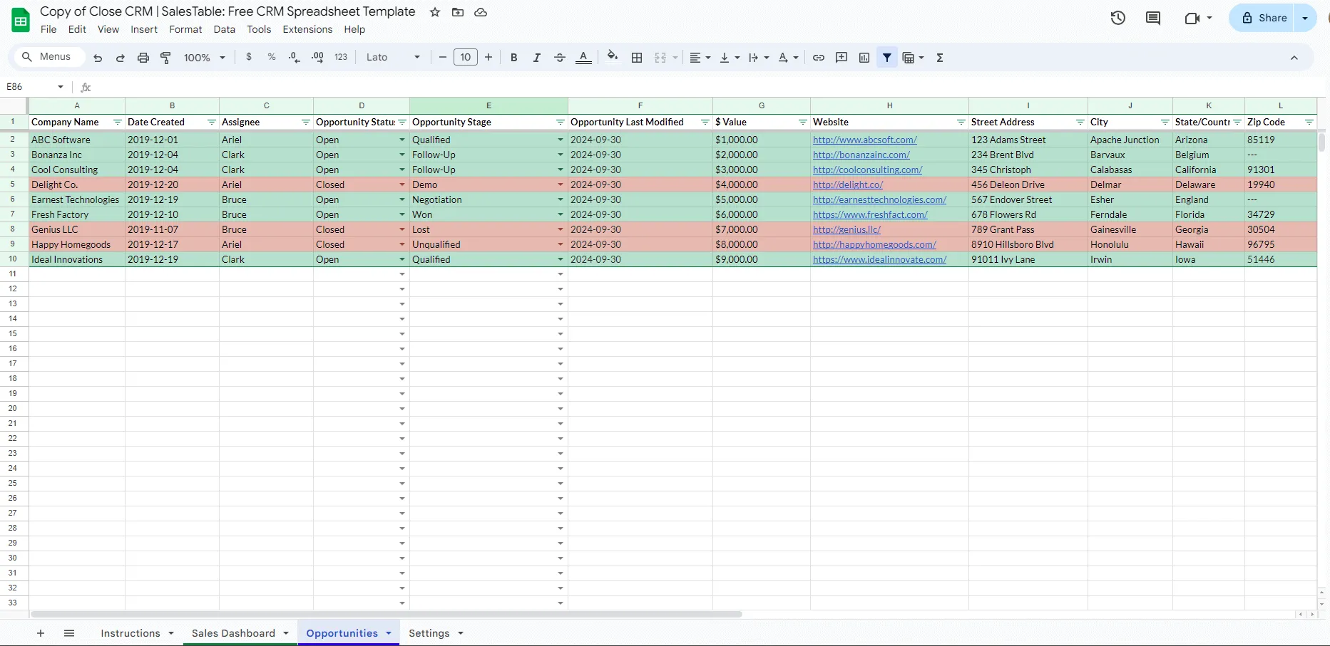 free CRM in Excel and Google Sheets