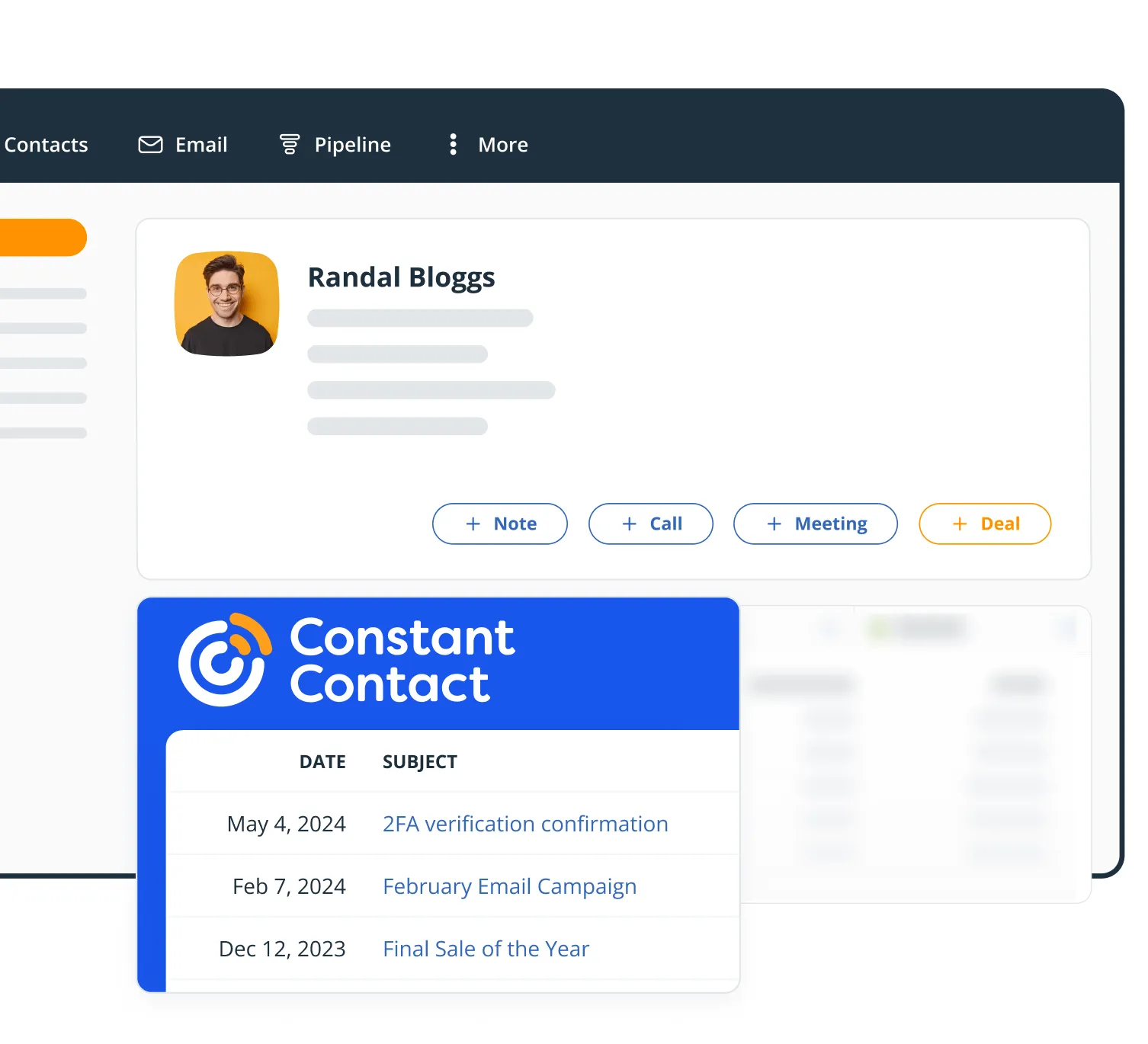 The Constant Contact widget on a OnePageCRM Contact Page, listing campaigns the contact received with their dates.