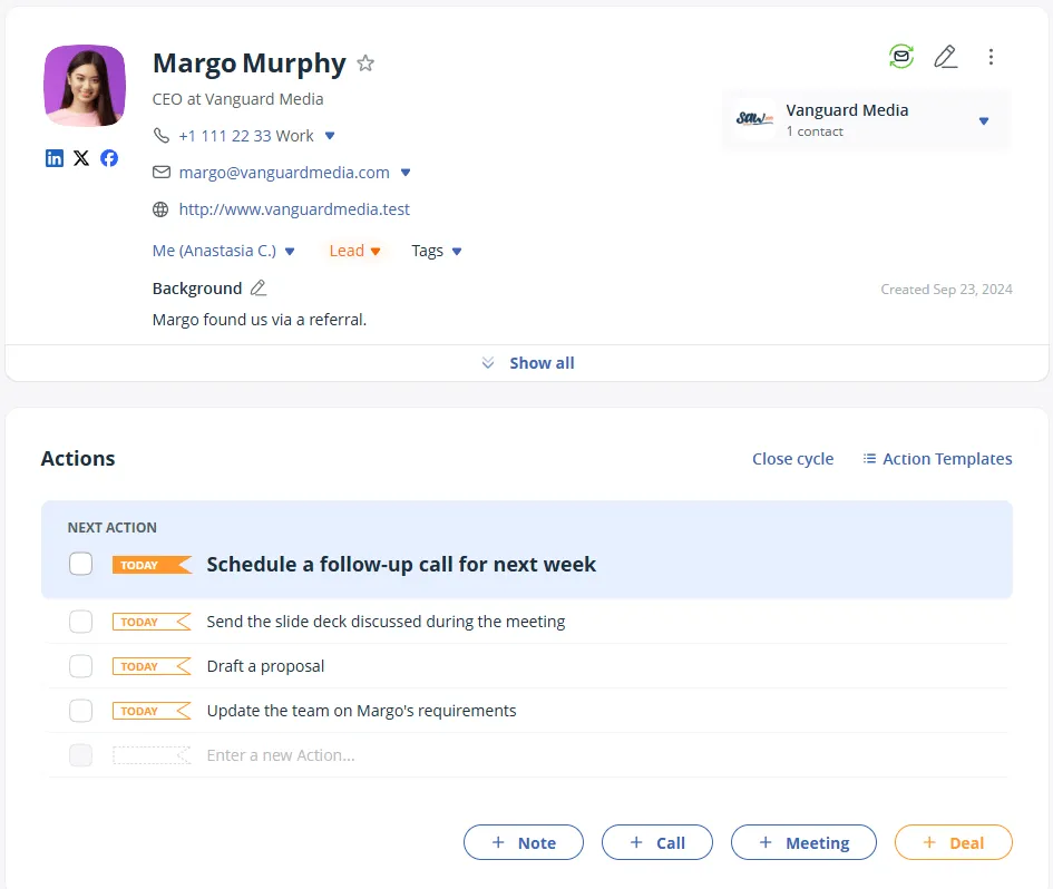 A OnePageCRM Contact Page with a Next Action at the top of the Actions list and three more actions under it.