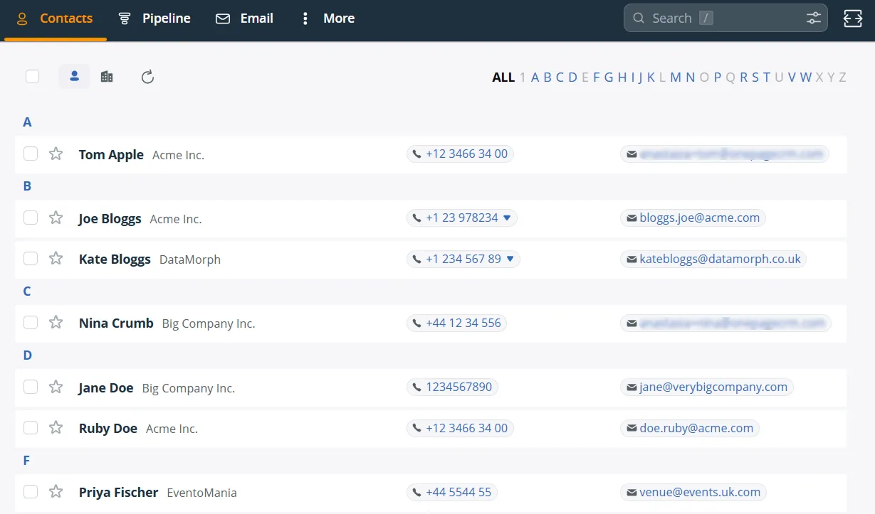 The OnePageCRM Contacts page as an A-to-Z list, grouped under letter headings, each row showing the contact's name, their company, a phone number, and an email address