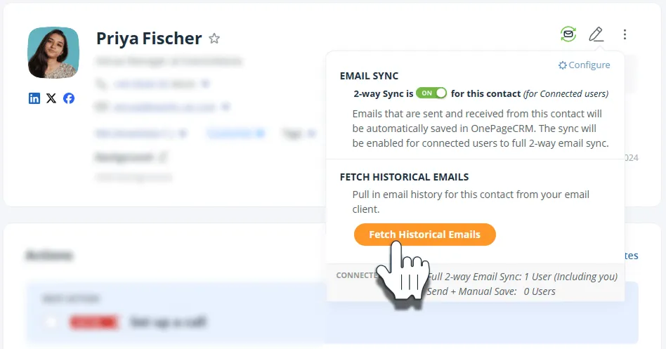 retrieve old emails in onepagecrm