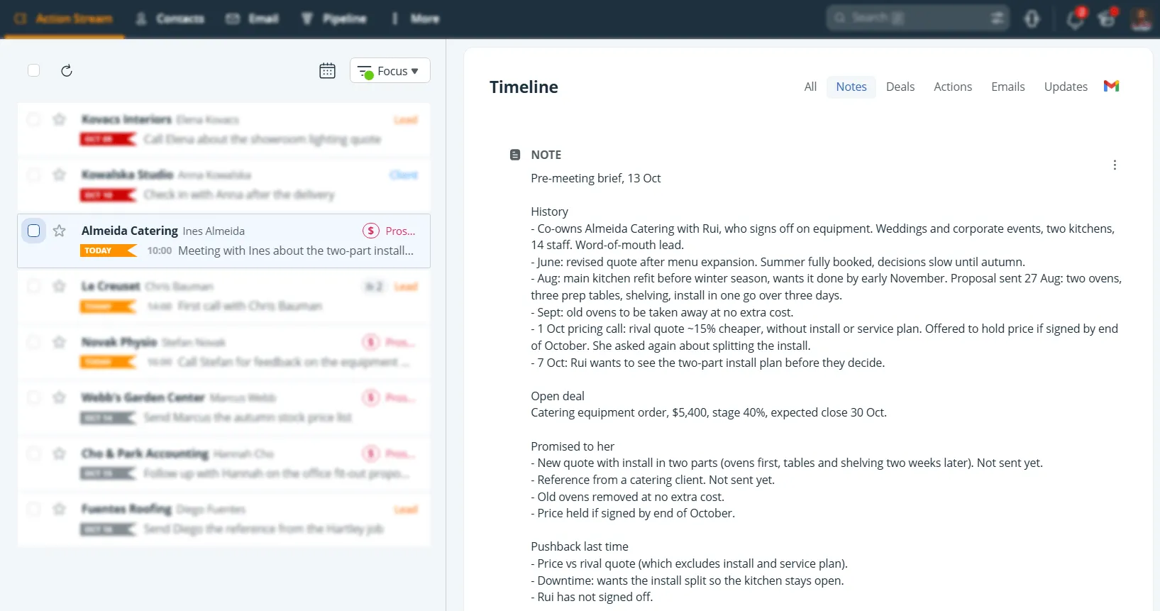 saved meeting brief in onepagecrm