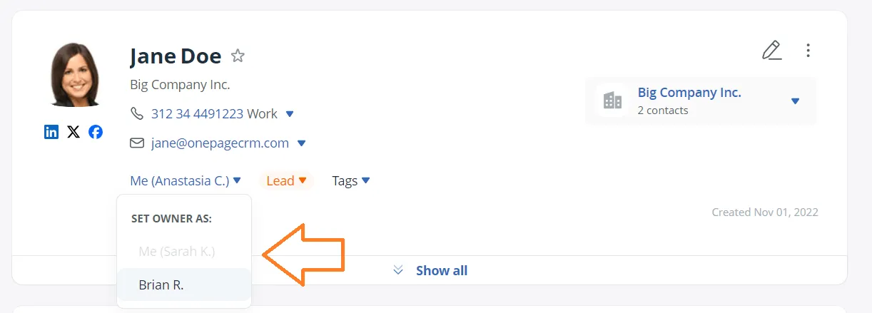 set owner menu on a contact page