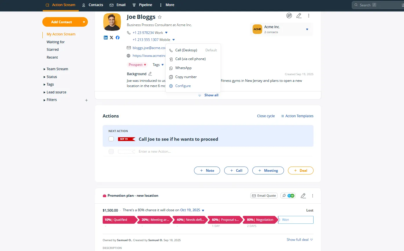 onepagecrm actionable contact profile