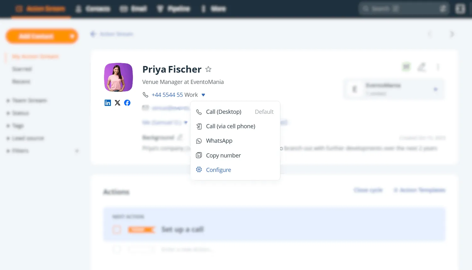 A OnePageCRM contact page with the call menu open beside a phone number, offering desktop call, cell phone, WhatsApp, and copy number — and below it the contact's Next Action and an open deal with its stage bar